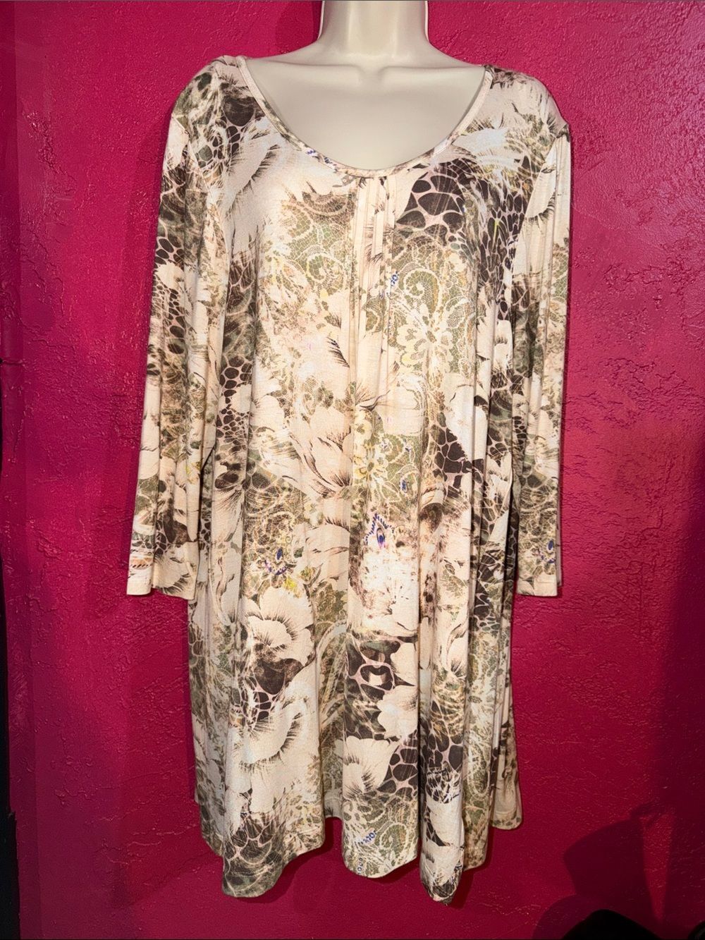 Soft Surroundings Peyton Floral Scoop Neck Tunic in Cream and Brown.  Sz XL.
